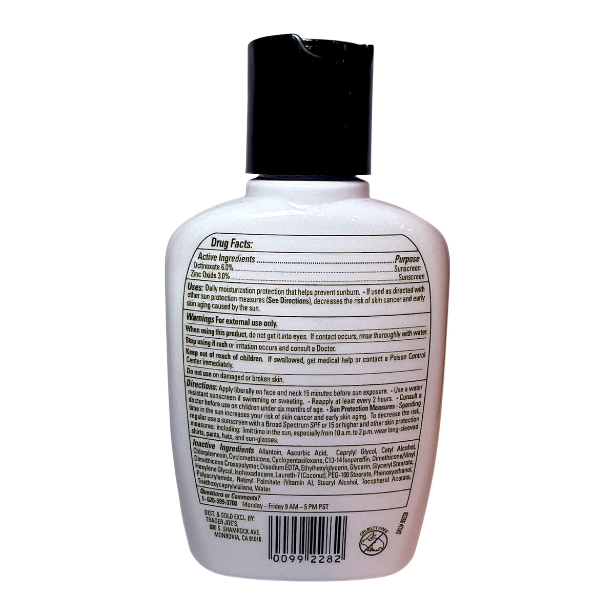 Trader Joe's Enrich lotion bottle top view shows fragrance-free formula