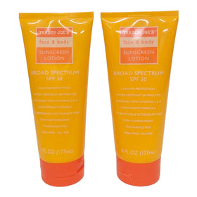 Trader Joe's Face and Body Sunscreen SPF30 bottle with fragrance-free, oil-free protection.