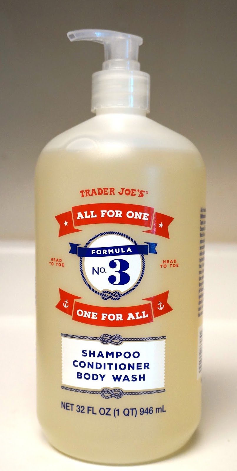 Front packaging shows shampoo, conditioner, and body wash in one.