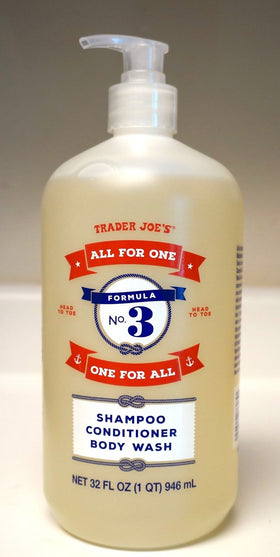 Front packaging shows shampoo, conditioner, and body wash in one.