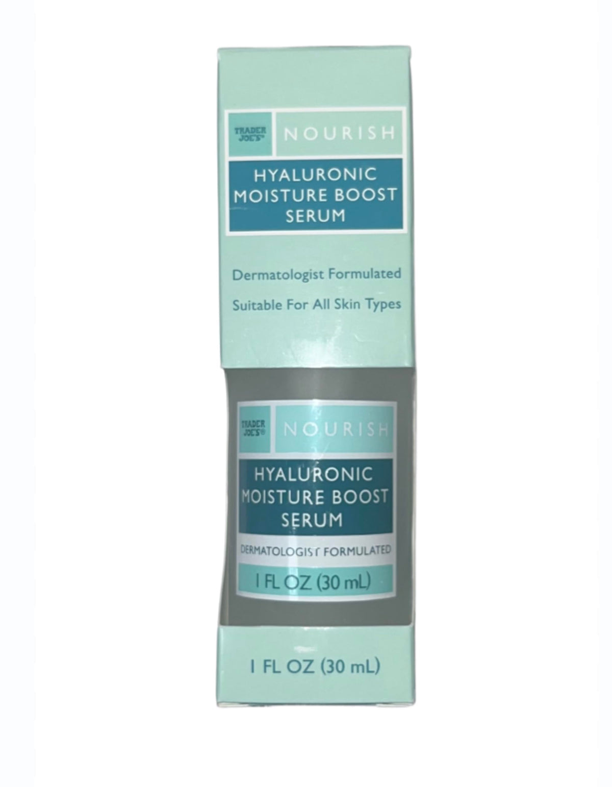 Trader Joe's Hyaluronic Moisture Boost Serum bottle close-up for instant hydration.