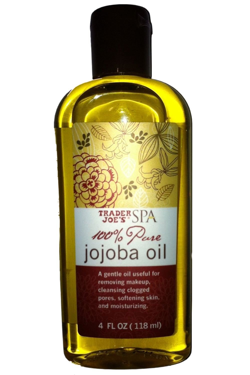 Trader Joe's 100% Pure Jojoba Oil bottle close-up for versatile skin and hair care.
