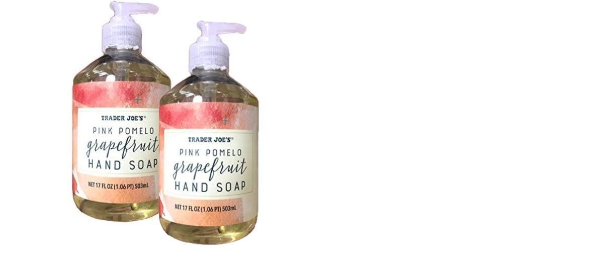 Trader Joe's Pink Pomelo Grapefruit Hand Soap bottle with citrus fragrance for daily hand washing.