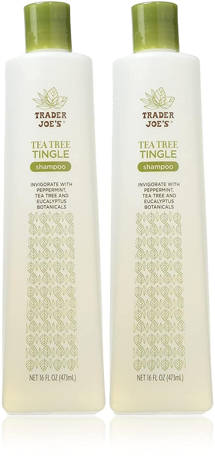 Trader Joe's Tea Tree Tingle Shampoo bottle cools the scalp and leaves hair feeling refreshed.