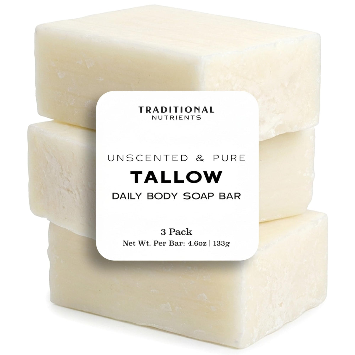 TRADITIONAL NUTRIENTS unscented beef tallow soap bar close-up showing texture and purity.