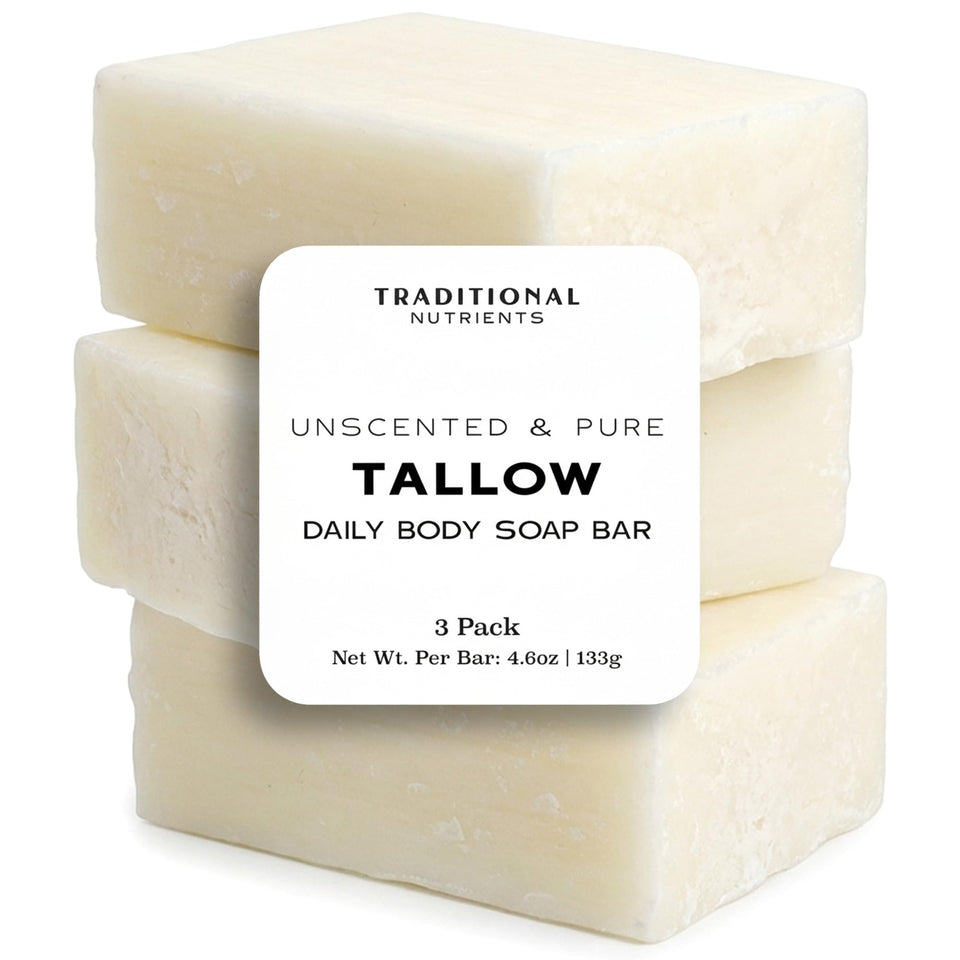 TRADITIONAL NUTRIENTS unscented beef tallow soap bar close-up showing texture and purity.
