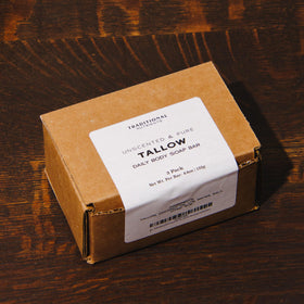 TRADITIONAL NUTRIENTS unscented beef tallow soap bar ingredients list on packaging.