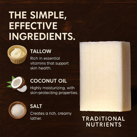 TRADITIONAL NUTRIENTS unscented beef tallow soap bar lathering on skin for gentle cleansing.