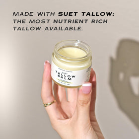 TRADITIONAL NUTRIENTS Vanilla Tallow Balm hand-application highlights easy absorption without greasy residue.