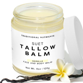 TRADITIONAL NUTRIENTS Vanilla Tallow Balm jar closeup shows rich nourishment for dry skin.