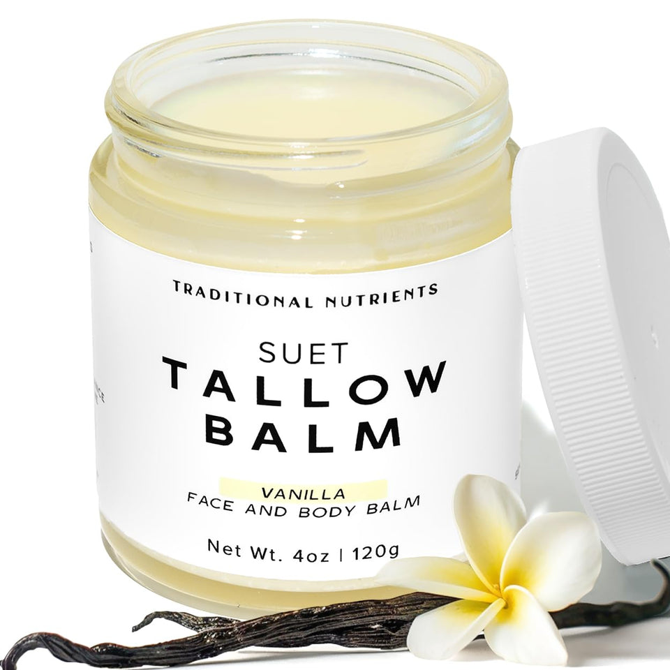 TRADITIONAL NUTRIENTS Vanilla Tallow Balm jar closeup shows rich nourishment for dry skin.