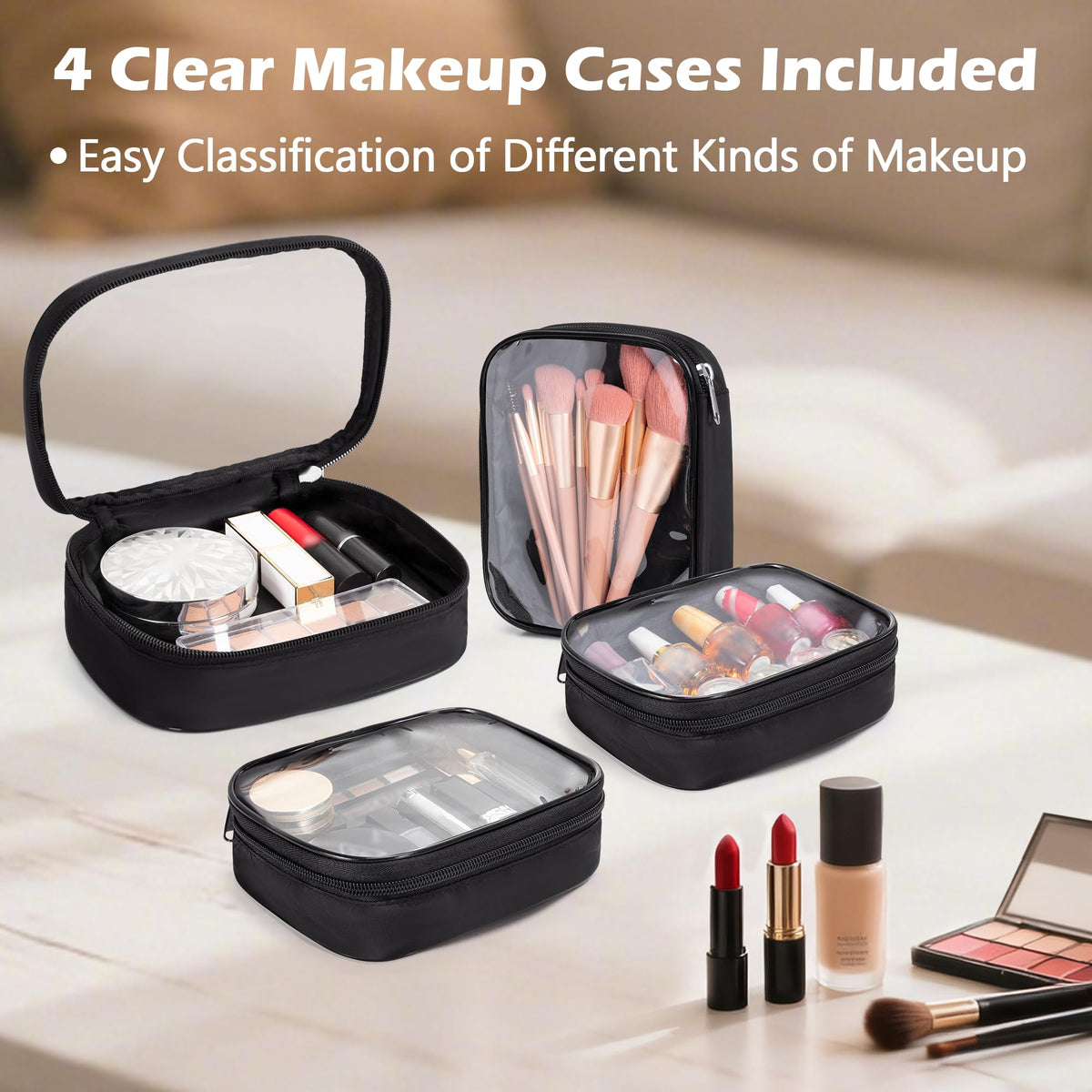 Trahzia Travel Makeup Bag clear windows showcased for quick item visibility.