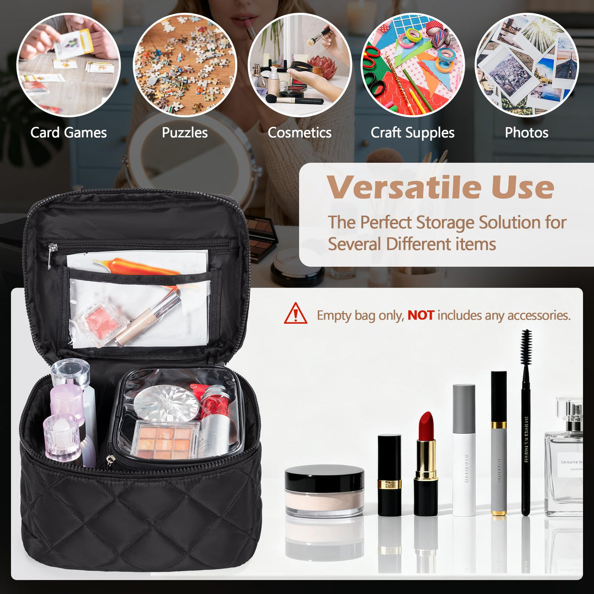 Trahzia Travel Makeup Bag dimensions label to compare sizing.