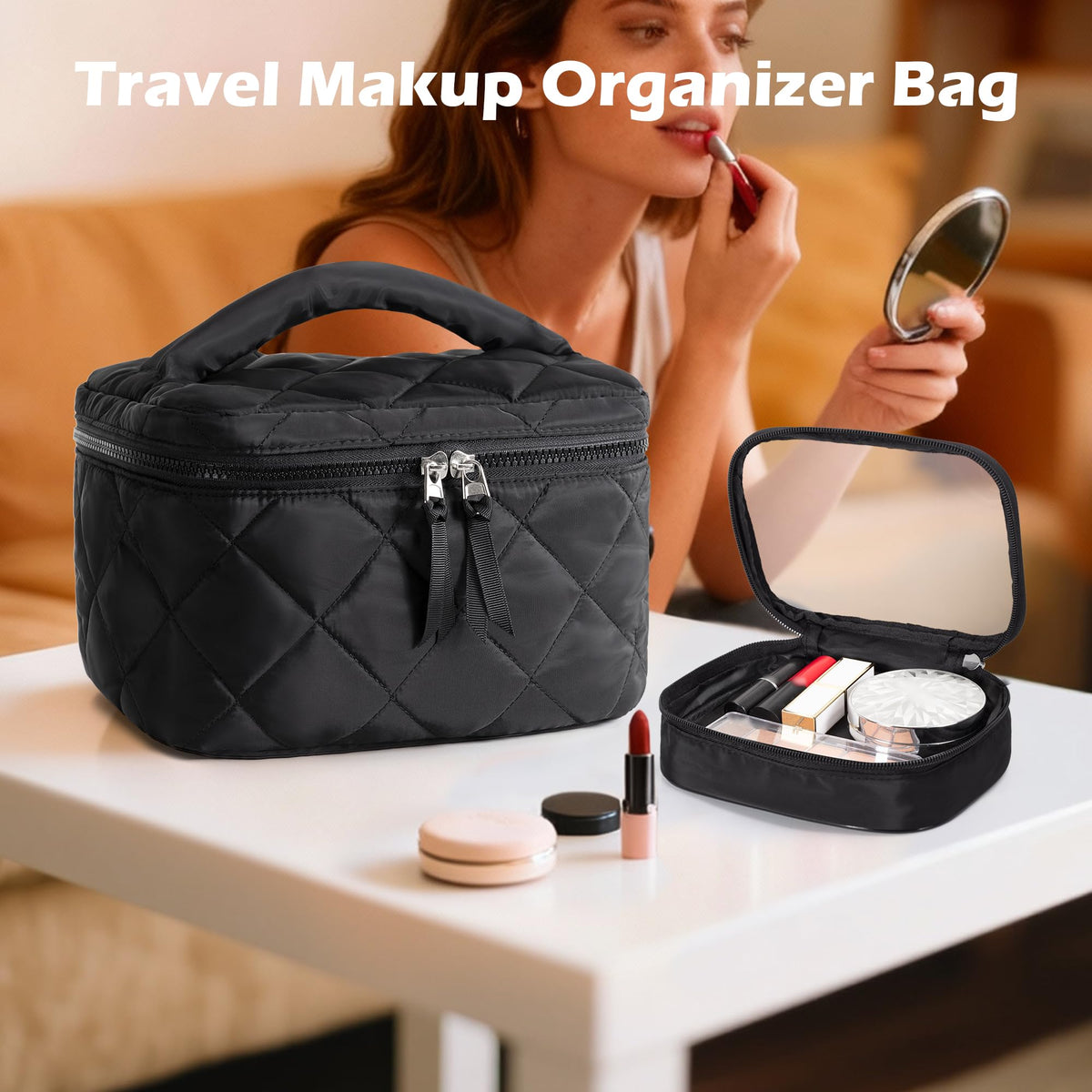 Trahzia Travel Makeup Bag on-the-go use in hotel or bag.