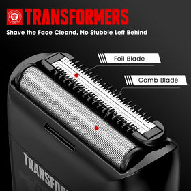 Transformers electric foil shaver dual blade system closeup demonstrates efficient cutting for dense beards