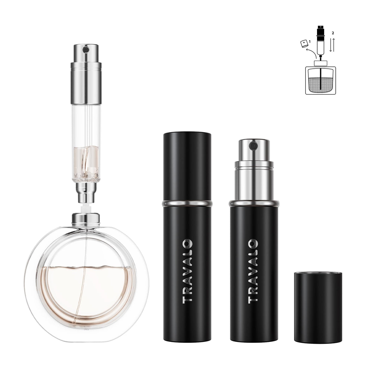 Travalo ESSENTI BLACK refillable perfume atomizer for travel convenience.