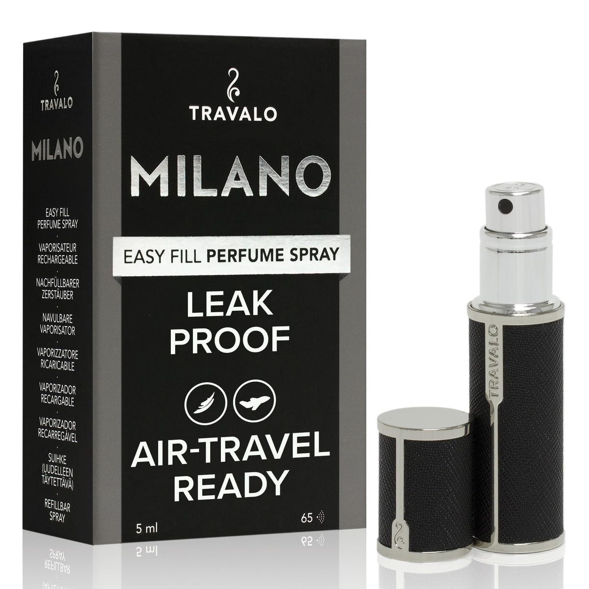 Travalo Milano perfume atomizer with stylish vegan leather exterior for portable use.