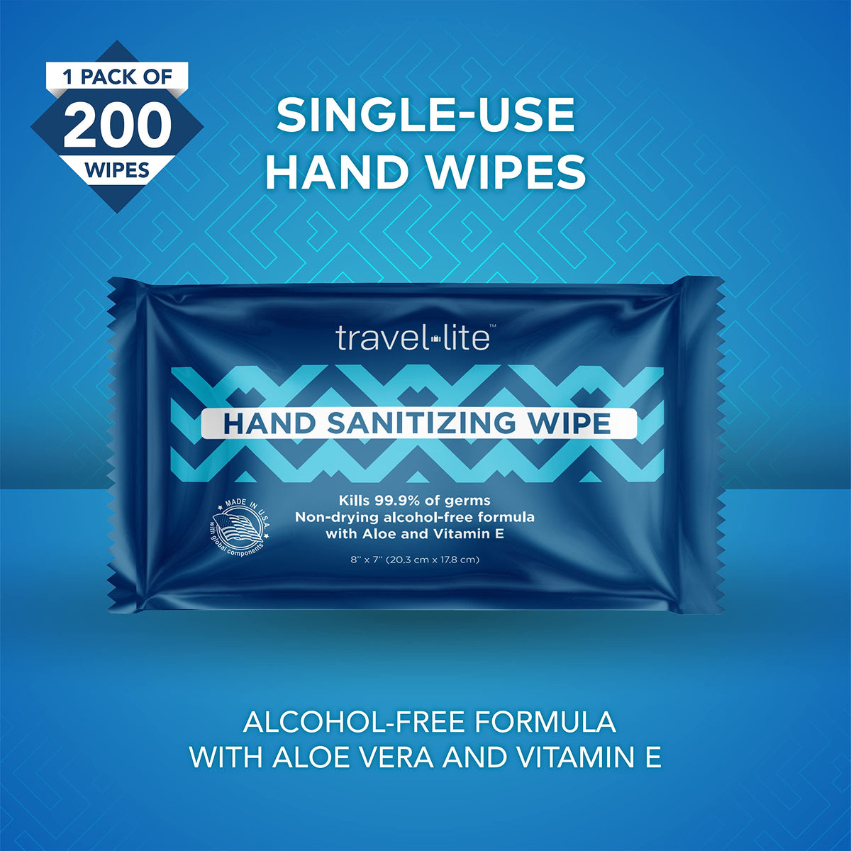 Travel Lite hand wipes with vitamin E highlighting skin nourishment during on-the-go cleaning.