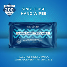 Travel Lite hand wipes with vitamin E highlighting skin nourishment during on-the-go cleaning.