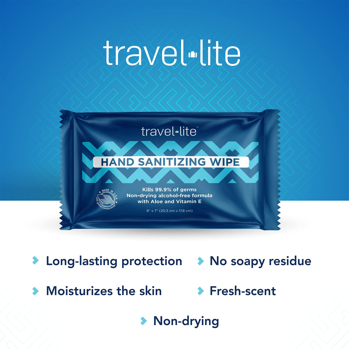 Travel Lite wipes packaging front emphasizing convenient travel packaging.