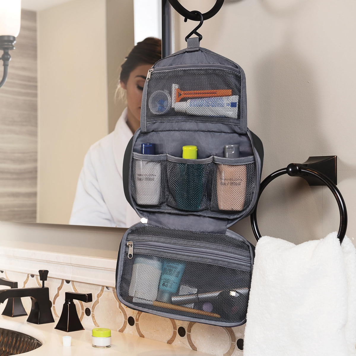 Travelon Compact Hanging Toiletry Kit closed dimensions show compact footprint.