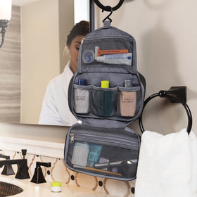 Travelon Compact Hanging Toiletry Kit closed dimensions show compact footprint.