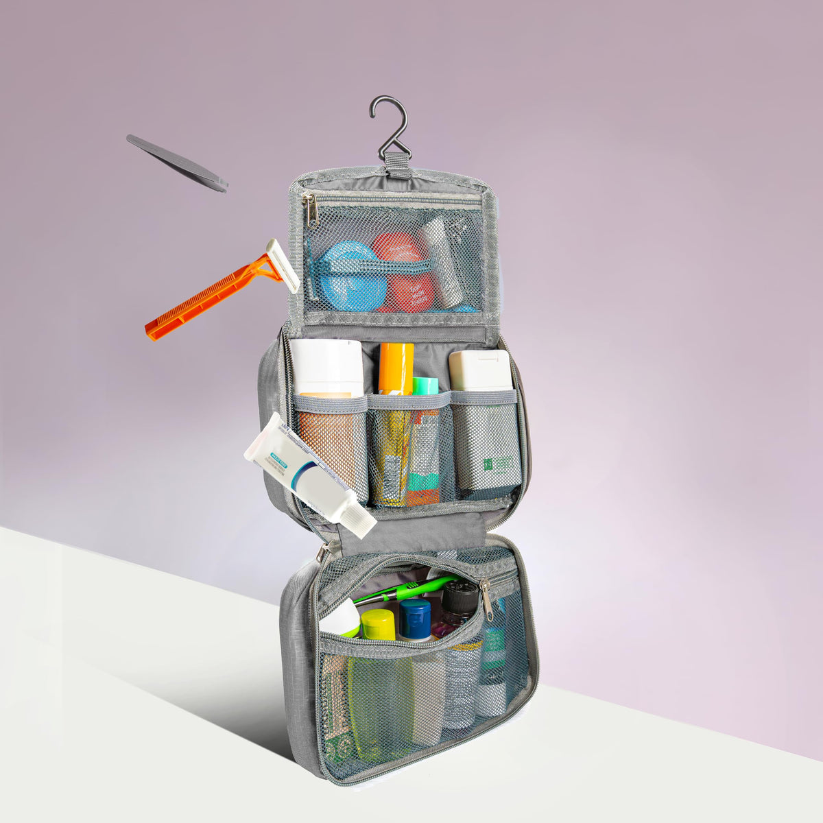 Travelon Compact Hanging Toiletry Kit open dimensions reveal spacious interior.
