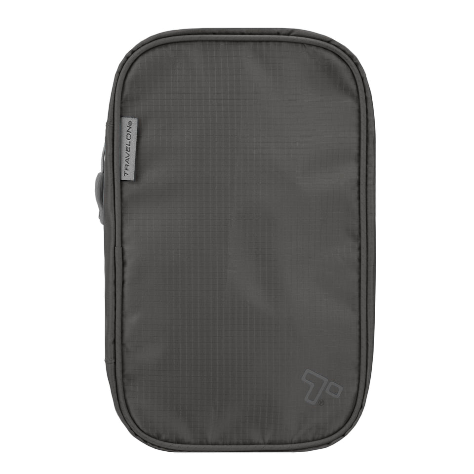 Travelon Compact Hanging Toiletry Kit top zip pocket keeps small items organized for travel.