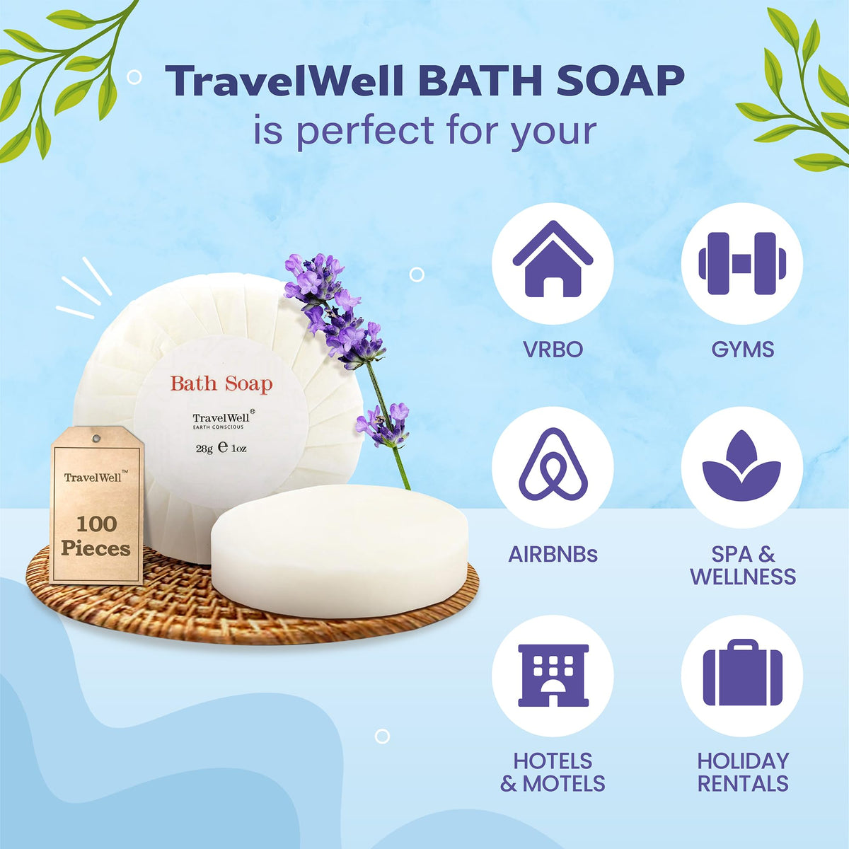 Travelwell bulk hotel soap set, ideal for hotels and vacation rentals.