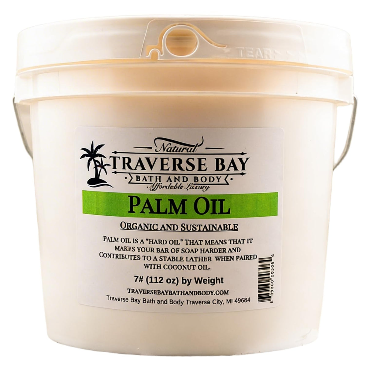 Traverse Bay Palm Oil 112oz gallon with resealable lid, premium moisturizing ingredient for soaps.
