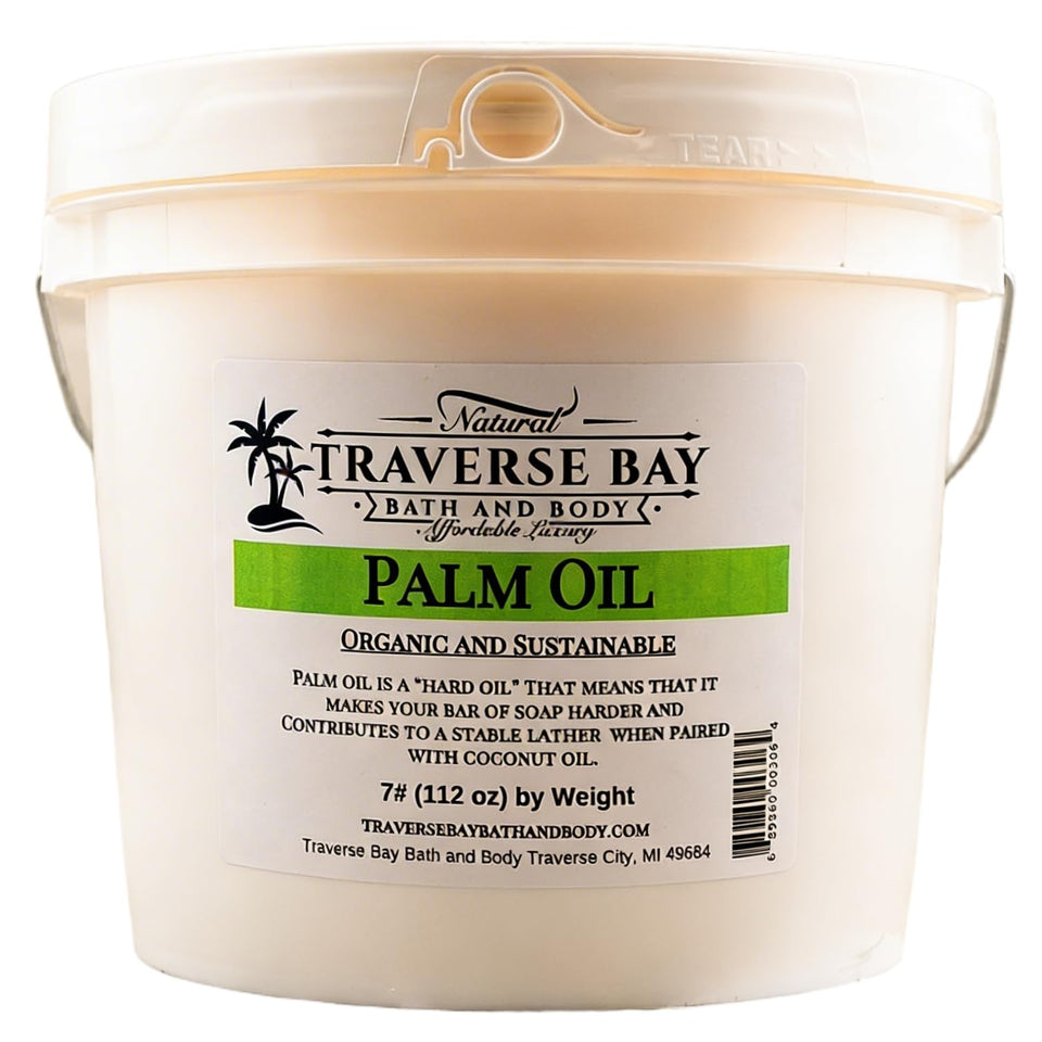 Traverse Bay Palm Oil 112oz gallon with resealable lid, premium moisturizing ingredient for soaps.