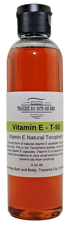 Traverse Bay Vitamin E T-50 label close-up highlighting natural tocopherol for skin care blends.