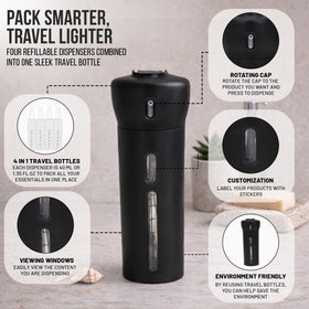 Travigo 4-in-1 bottle with four chambers filled for travel organization.