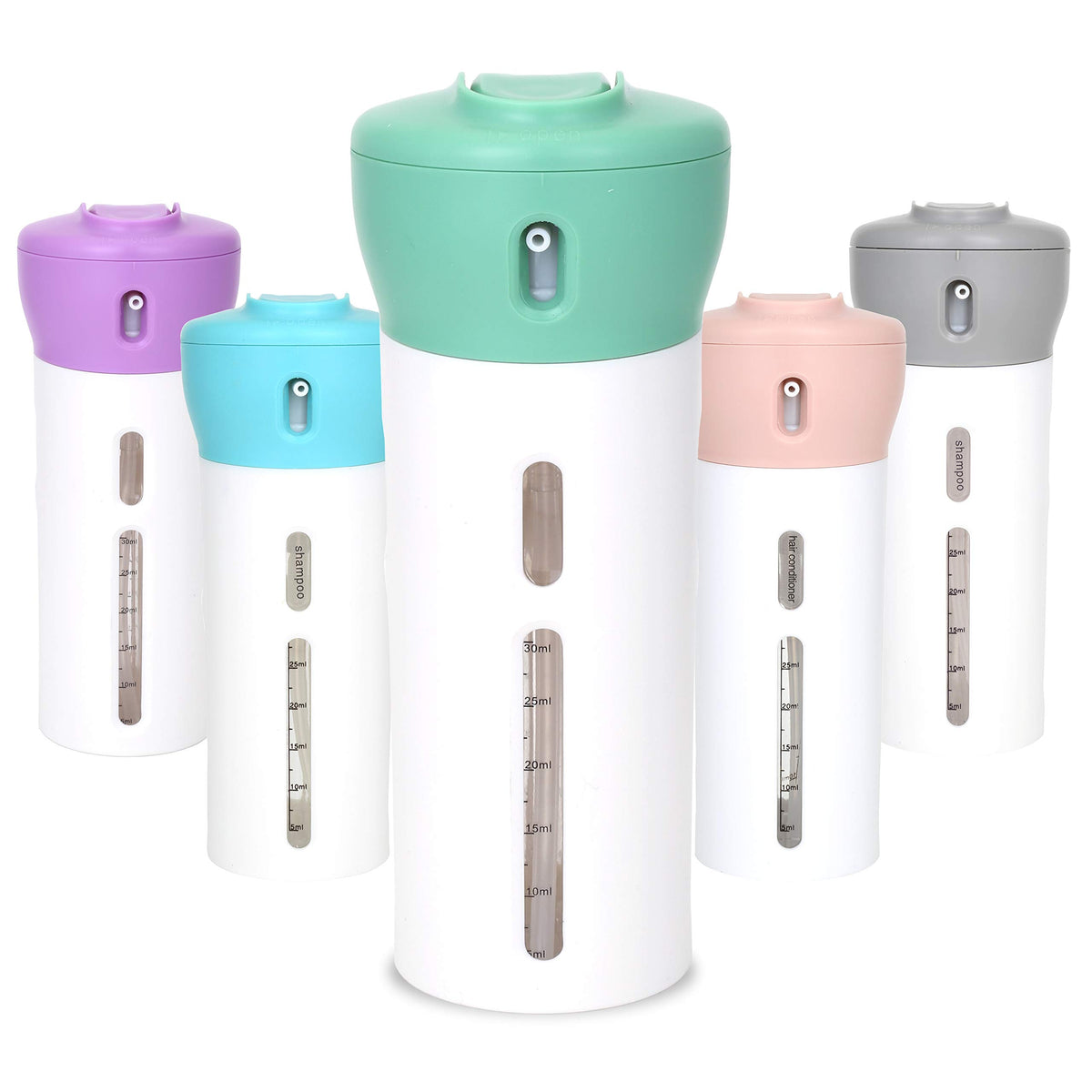 Travigo 4-in-1 travel dispenser bottle main image shows compact, space-saving design.