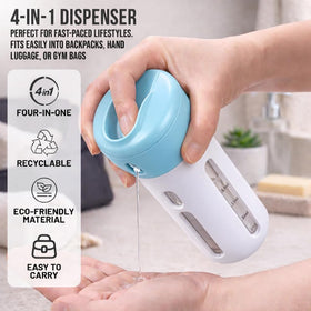 Travigo 4-in-1 dispenser rotate cap in action preventing mix ups in hotel bathrooms
