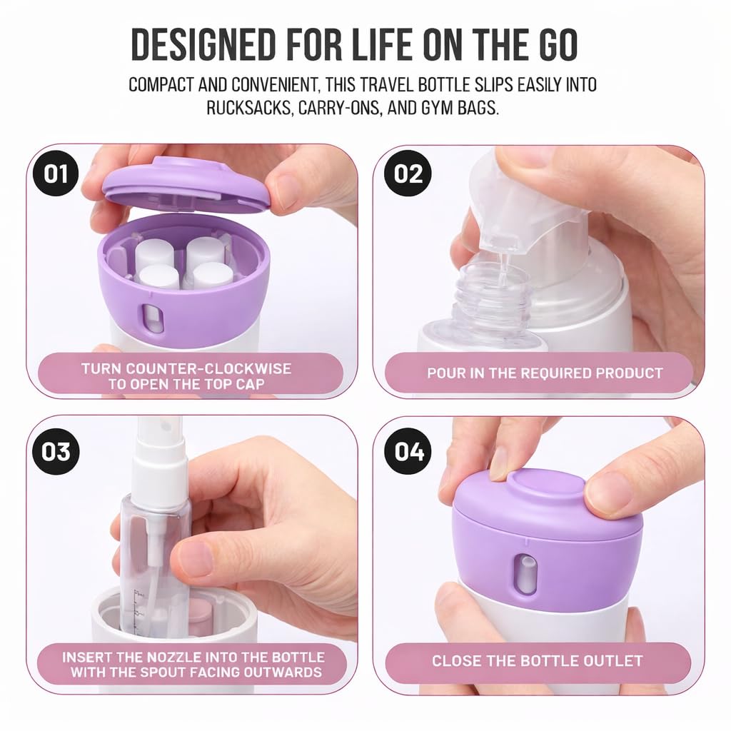 Travigo 4-in-1 travel dispenser body wash chamber helps tidy bathroom essentials.