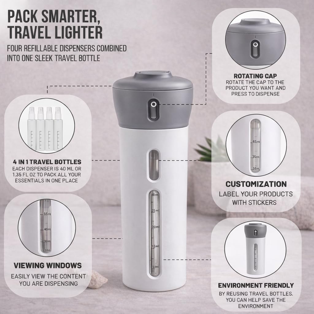 Travigo four 40 mL bottles with clear viewing windows