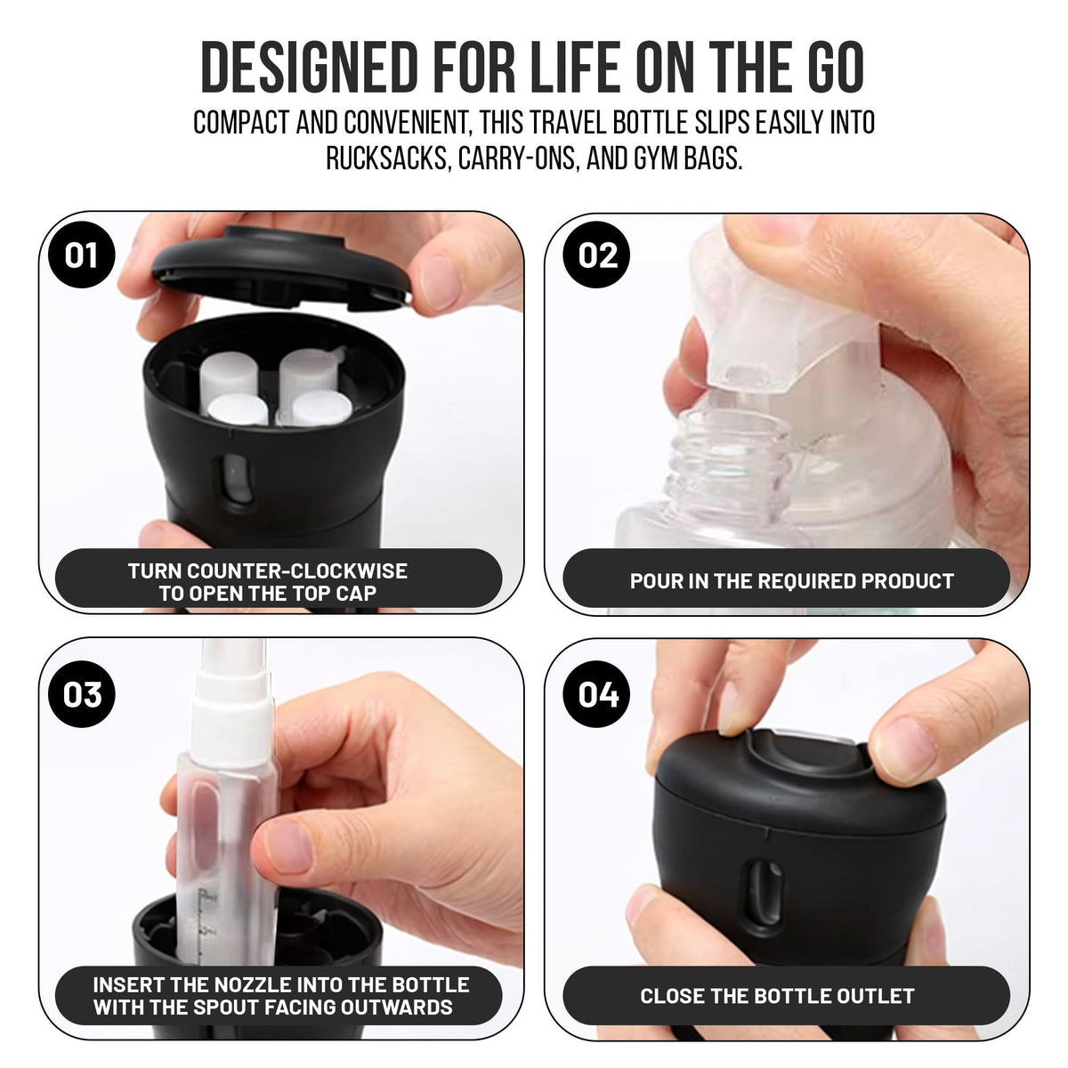 Travigo 40ml bottles with clear view windows for quick fill checks.