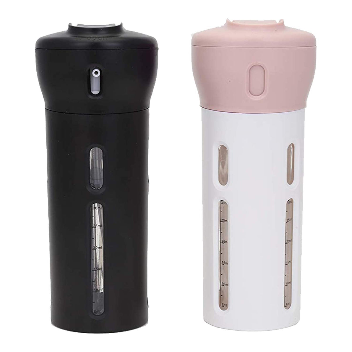 Travigo 4-in-1 travel dispenser set, black and pink, compact and leak-proof for travel.