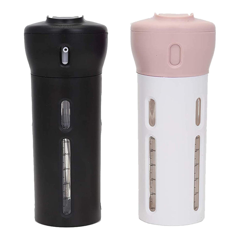 Travigo 4-in-1 travel dispenser set, black and pink, compact and leak-proof for travel.