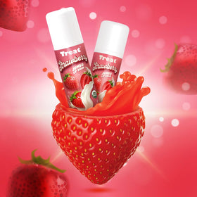Strawberry graphic on Treat Beauty balm packaging for fruity flavor