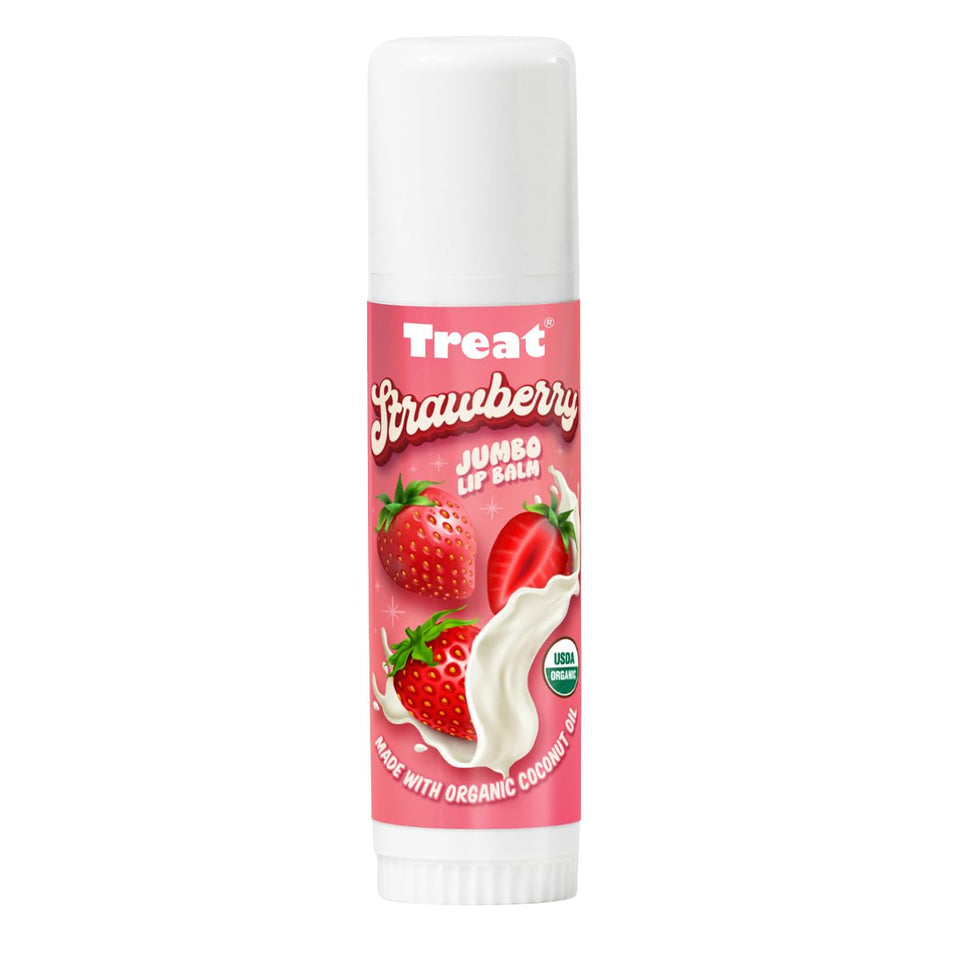 Treat Beauty Strawberry Lip Balm tube front showing hydration benefits