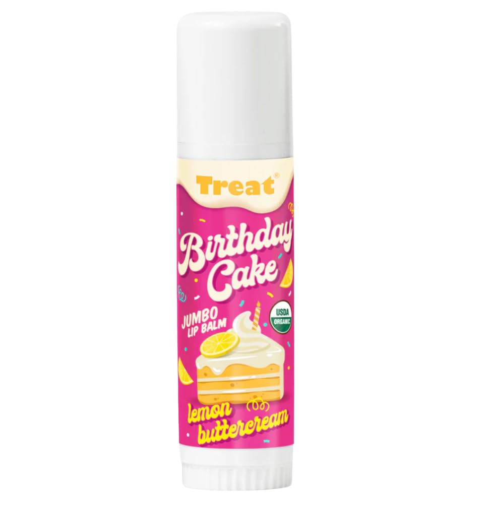 Treat Jumbo Birthday Cake lip balm packaging highlights organic quality for daily use