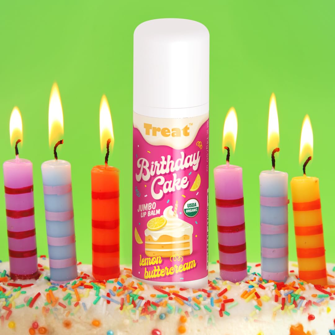 Treat Jumbo Birthday Cake lip balm size comparison