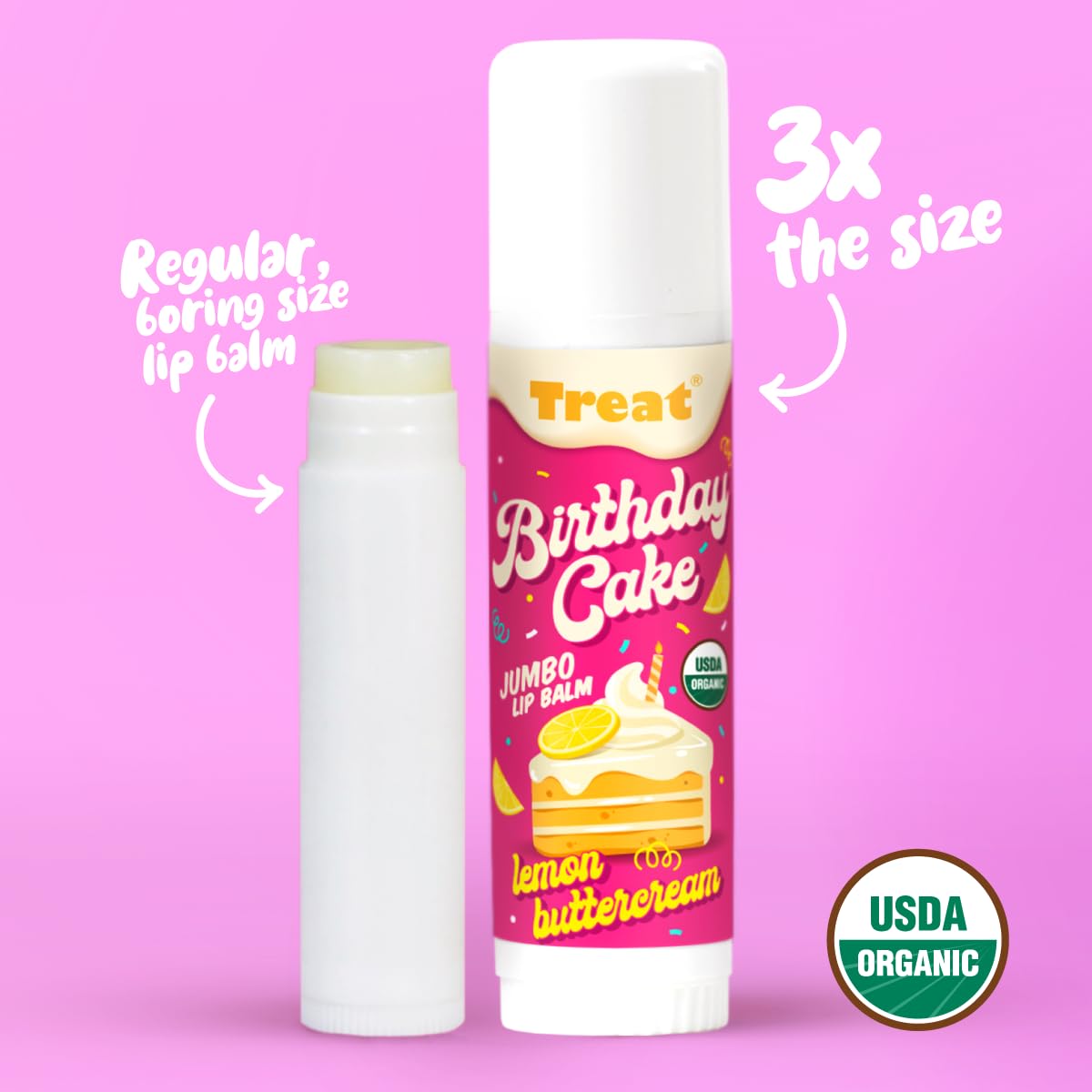 Close-up of Treat Jumbo Birthday Cake lip balm twist-cap