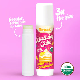 Close-up of Treat Jumbo Birthday Cake lip balm twist-cap