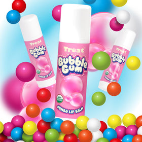 Kids-friendly packaging of Treat Jumbo Bubble Gum Lip Balm invites playful lip care.