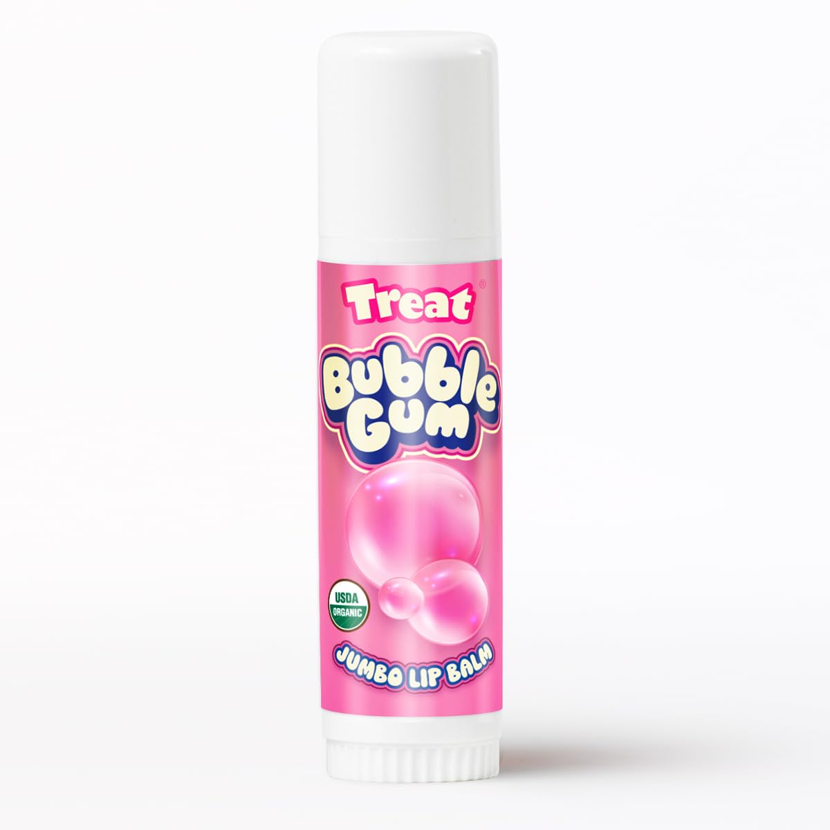 Treat Jumbo Bubble Gum Lip Balm label highlights organic ingredients for gentle lip care.