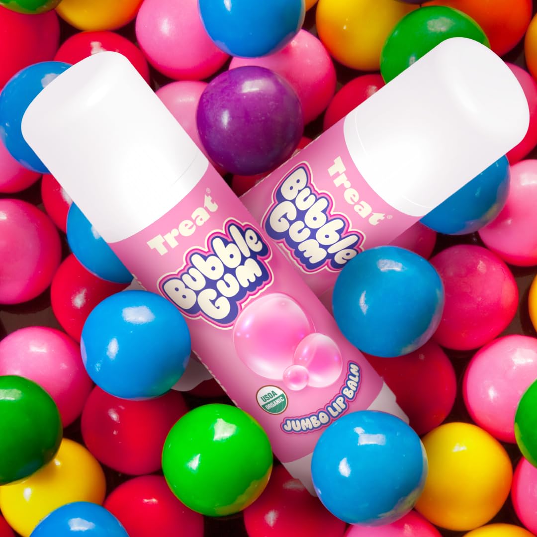 Packaging image of Treat Jumbo Bubble Gum Lip Balm emphasizes cruelty-free branding.