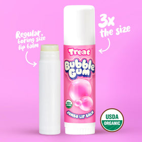 Texture close-up of Treat Jumbo Bubble Gum Lip Balm shows creamy moisture.